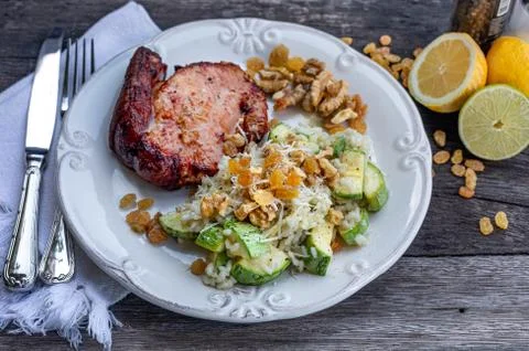 A delicious zucchini risotto with vegetables. Stock Photos
