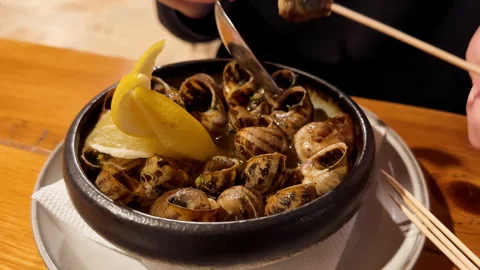 Deliciously Cooked Snails When Served in Authentic Traditional Pot Stock Footage 289847353