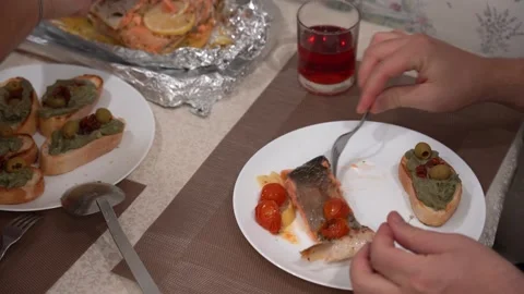 Deliciously Crafted Meal Presentation Featuring Grilled Salmon and Tasty Stock Footage 321051230
