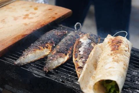 Deliciously Grilling Fish Tacos Using Only Fresh Ingredients on the Summer .. Stock Photos