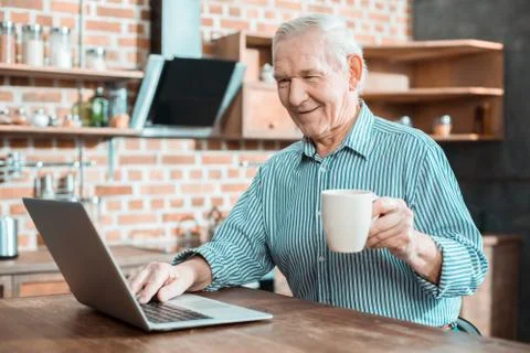 Delighted aged man using a laptop Stock Photos