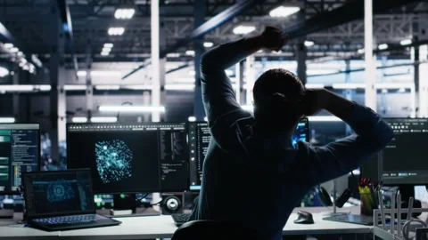 Delighted developer celebrating in data center after successfully coding with AI Stock Footage 313567206