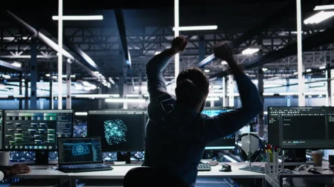 Delighted developer celebrating in data center after successfully coding with AI Stock Footage 313569592