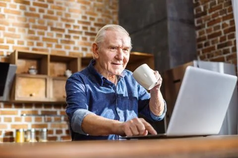 Delighted elderly man using his laptop Stock-Fotos