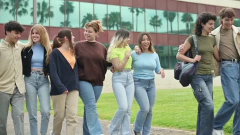 Delighted multiethnic groupmates cuddling while walking in campus Stock Footage 269347651