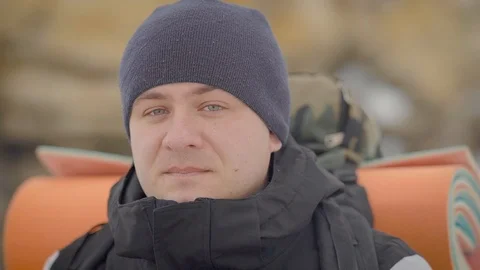 Delighted Person Looking at the Camera While Trekking Stock Footage 106431798