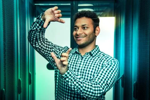Delighted positive man using a virtual technology Stock Photos