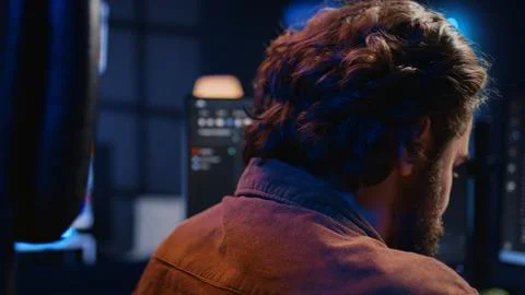 Delighted software programmer having burst of emotion after removing code bugs Stock Photos