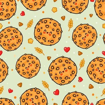A delightful and whimsical pattern featuring smiling chocolate chip cookies,  Stock Illustration