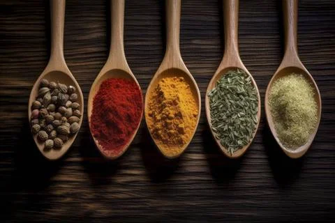  Delightful array of varied spices nestled in spoons on a rustic backdrop.... Stock Photos