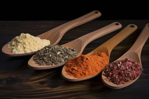  Delightful array of varied spices nestled in spoons on a rustic backdrop.... Stock Photos