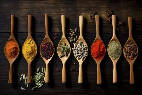  Delightful array of varied spices nestled in spoons on a rustic backdrop.... Stock Photos