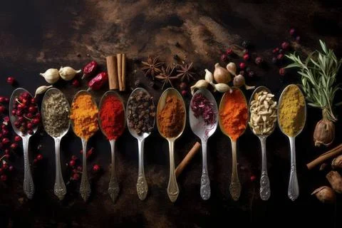  Delightful array of varied spices nestled in spoons on a rustic backdrop.... Stock Photos