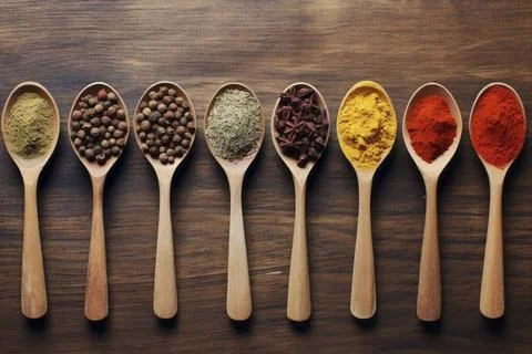 Delightful array of varied spices nestled in spoons on a rustic backdrop.... Stock Photos