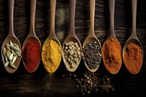  Delightful array of varied spices nestled in spoons on a rustic backdrop.... Stock Photos