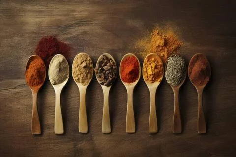 Delightful array of varied spices nestled in spoons on a rustic backdrop.... Stock Photos