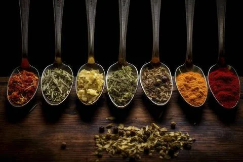  Delightful array of varied spices nestled in spoons on a rustic backdrop.... Stock-Fotos