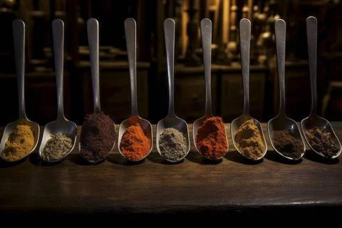  Delightful array of varied spices nestled in spoons on a rustic backdrop.... Stock Photos