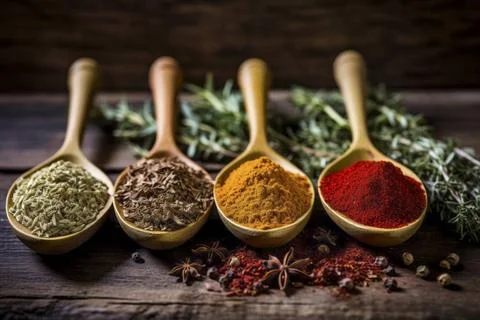  Delightful array of varied spices nestled in spoons on a rustic backdrop.... Stock Photos