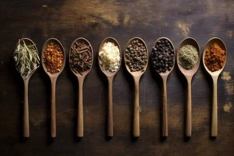  Delightful array of varied spices nestled in spoons on a rustic backdrop.... Stock Photos