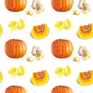 Delightful autumn pattern with pumpkins, ginger, and lemons on a white Stock Illustration