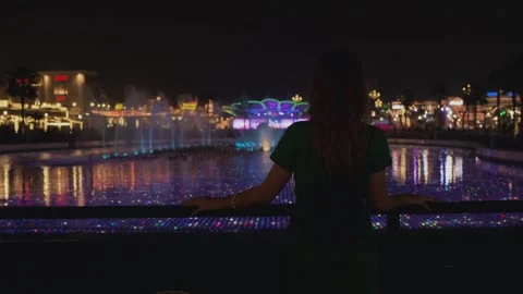 Delightful bewitching sight singing musical multicolored fountains Arab resort Stock Footage 312001245