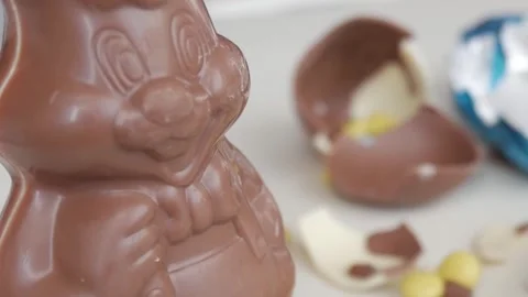 Delightful Easter Chocolate Bunny and Cracked Eggs Celebration Stock Footage 333111848