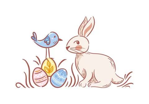 A delightful Easter scene featuring an adorable bunny nestled beside colorful Illustrazione stock