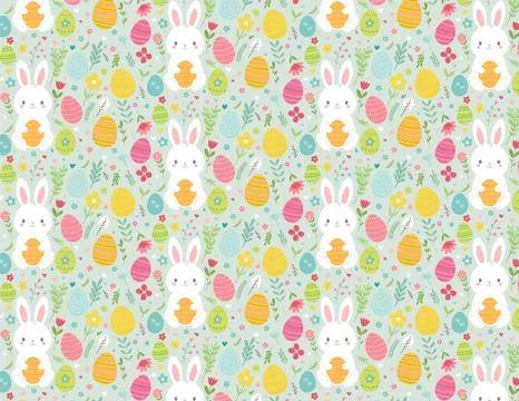 Delightful Easter seamless pattern featuring adorable white rabbits and eggs Stock Illustration