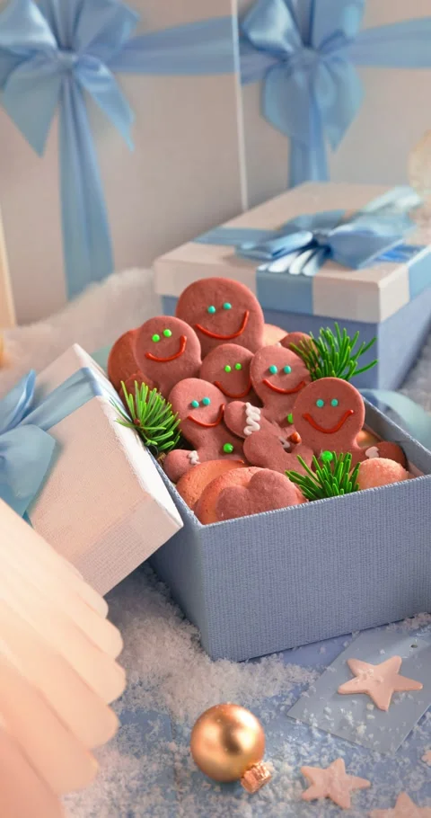 Delightful gingerbread men resting in soft blue packages. Stock Footage 347016773