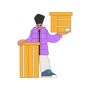 A delightful guy is holding boxes. Understanding the process of parcel and .. Illustrazione stock