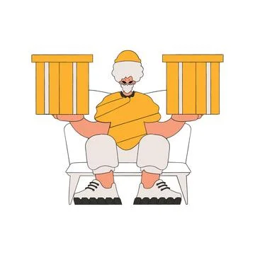 A delightful guy holds boxes in his hands. Parcel and cargo transportation. Illustrazione stock