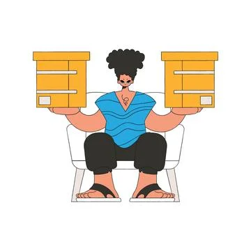 A delightful guy holds boxes in his hands. Understanding the process of par.. Stock Illustration