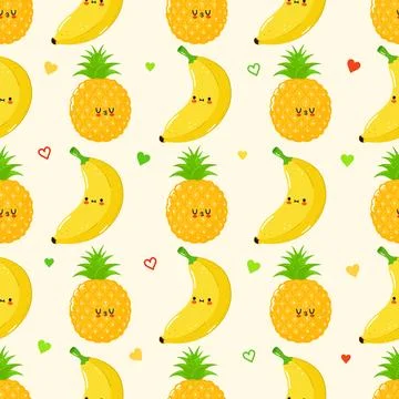 A delightful pattern features smiling pineapples, bananas 스톡 일러스트