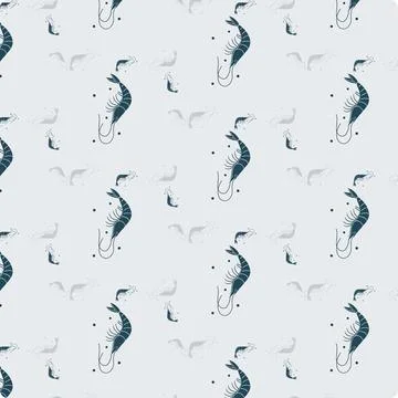 Delightful Pattern of Stylized Shrimp on Dark Blue Background Stock Illustration