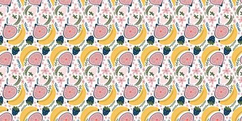 Delightful seamless pattern with bananas, figs, blackberries, white strawbe.. Stock Illustration
