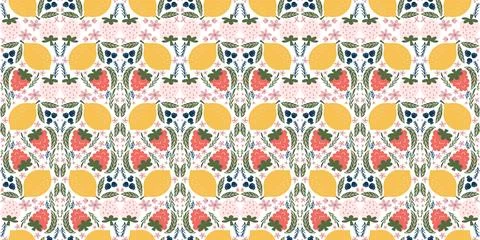 Delightful seamless pattern with illustrations of white strawberries, raspb.. Illustrazione stock