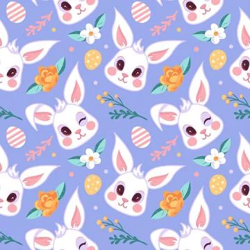 A delightful seamless pattern showcasing cute Easter bunny faces, colorful eg Stock Illustration