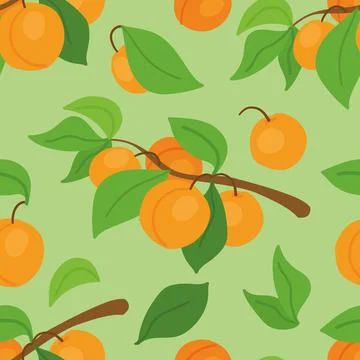 A delightful seamless vector pattern featuring ripe peaches, lush green leaves Stock Illustration