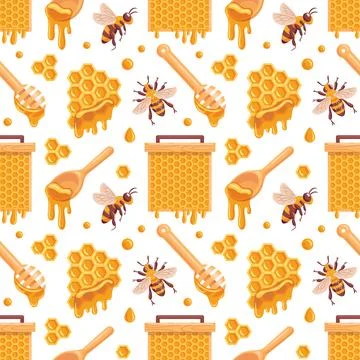 A delightful seamless vector pattern featuring honeycombs, bees, and honey Stock Illustration