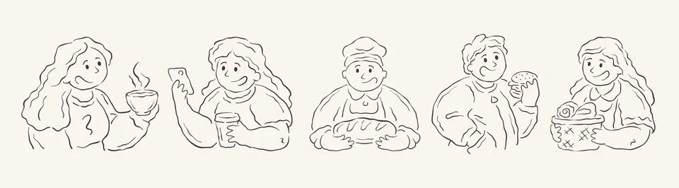 A delightful set of five characters from a bakery scene. Includes a baker wit Illustrazione stock