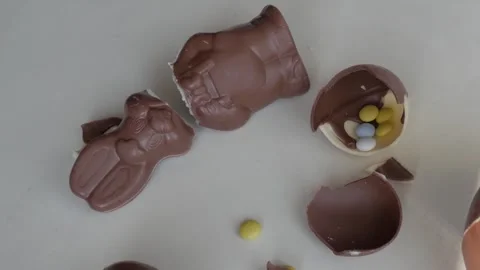 Delightful Spread of Broken Easter Chocolate Bunnies and Eggs Stock Footage 333110918