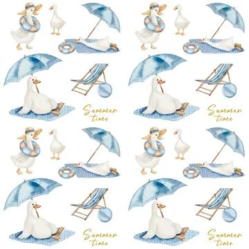 Delightful summer pattern featuring geese with beach umbrellas and relaxing.. Stock Illustration