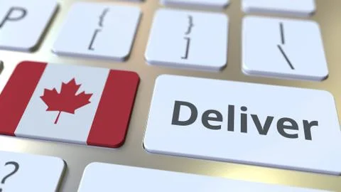 Deliver text and flag of Canada on the computer keyboard. Logistics related 3D Stock Illustration