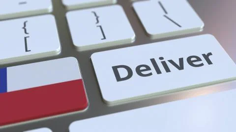 Deliver text and flag of Chile on the computer keyboard. Logistics related 3D Stock Illustration