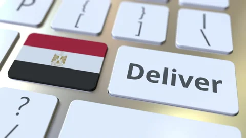 Deliver text and flag of Egypt on the computer keyboard. Logistics related 3D Stock Footage 131344771
