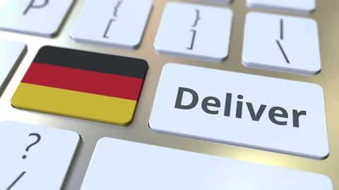 Deliver text and flag of Gemany on the computer keyboard. Logistics related 3D Stock Footage 130795341