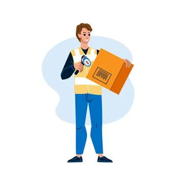Deliverer Scanning Barcode On Carton Box Vector Stock-Illustration