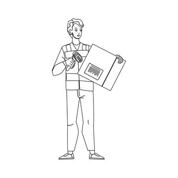 Deliverer Scanning Barcode On Carton Box Vector Stock-Illustration