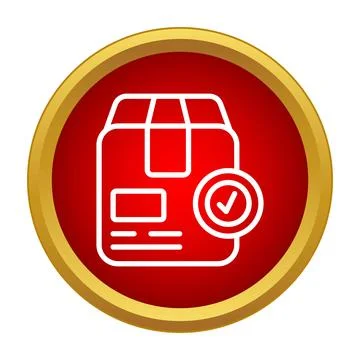 Delivering parcel with a check mark icon on a red button Stock Illustration